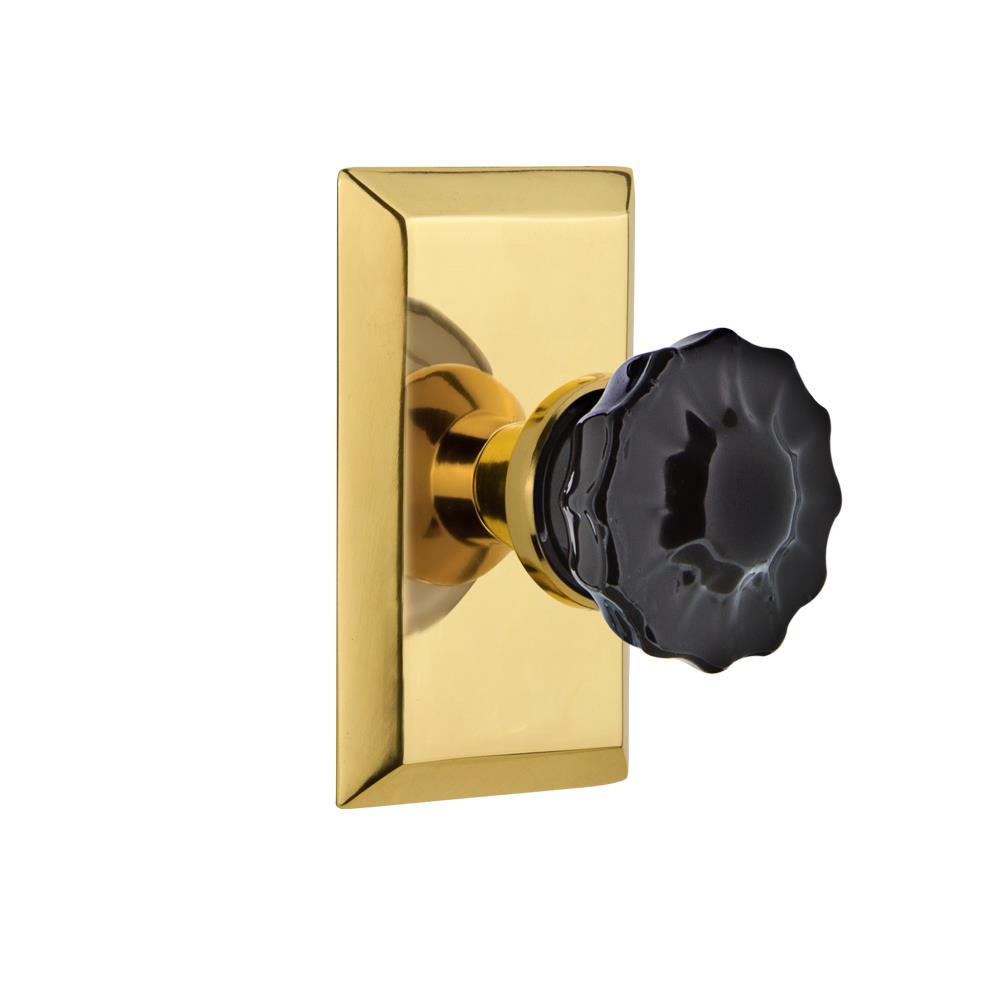 Nostalgic Warehouse STUCRB Colored Crystal Studio Plate Passage Crystal Black Glass Door Knob in Polished Brass
